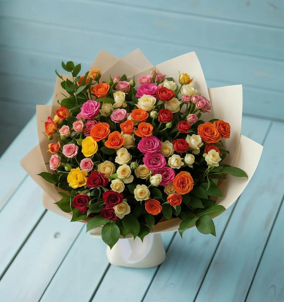 Букет Микс из разноцветных кустовых роз в Онеге